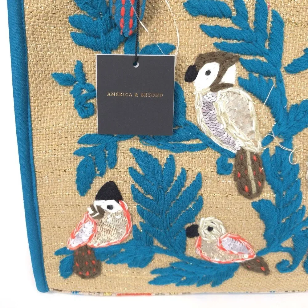 America & Beyond NEW Shoulderbag Tote Sequin Birds Embroidered DYED HAND TREATED